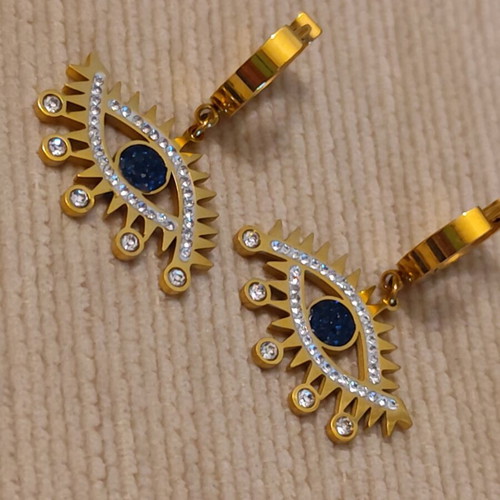 Stainless Steel Eye Earrings with Blue Iris and Zirconia, Boho Chic Glam