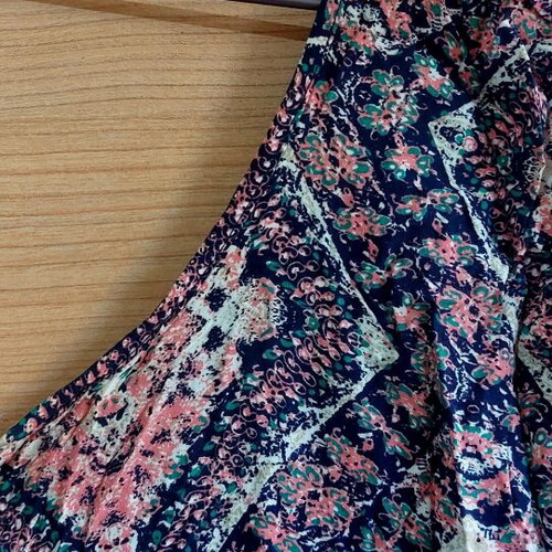 Boho Printed Mock Neck Cutout Jumpsuit like new, blue and salmon