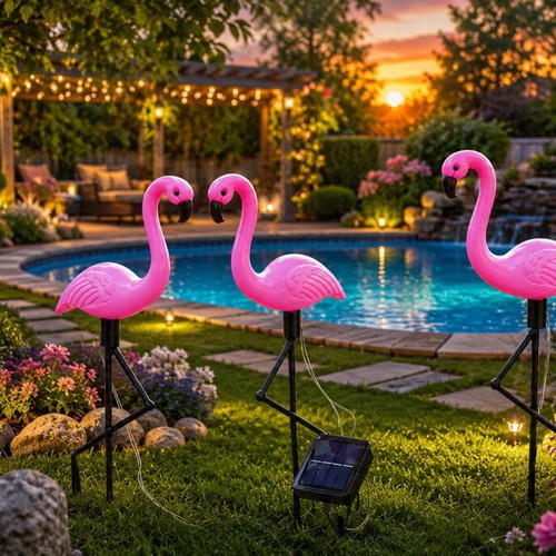 Solar flamingo garden lights set of 3, new