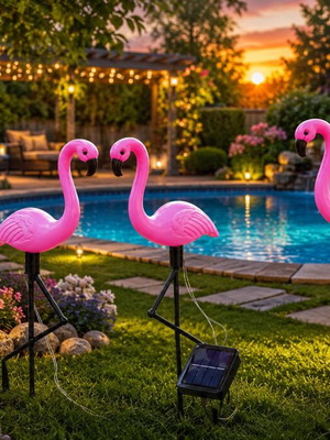 Solar flamingo garden lights set of 3, new