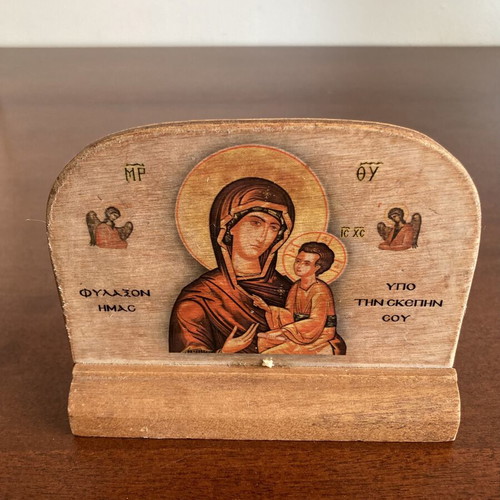 Greek Orthodox Wooden Desktop Icon used, Virgin Mary with Child Jesus