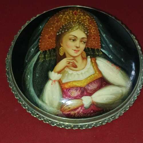 Fedoskino Russian Silver Brooch 1993 Signed Vintage Atelier used