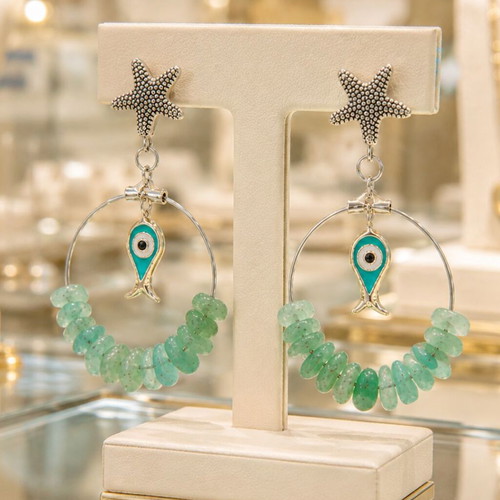 Handmade earrings with aventurine, metal star and enamel fish, silver color, new