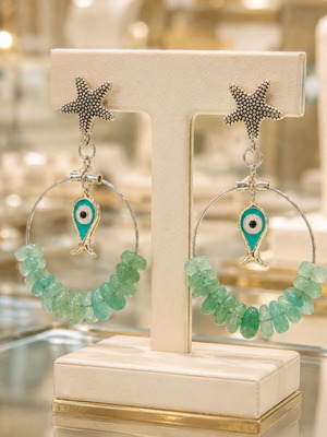 Handmade earrings with aventurine, metal star and enamel fish, silver color, new