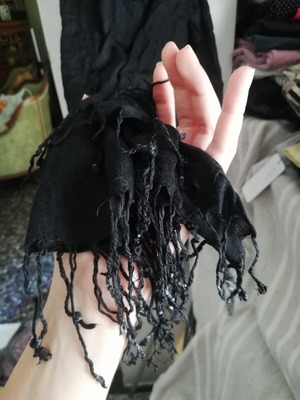Black scarf with fringes used, airy, length about 175 cm