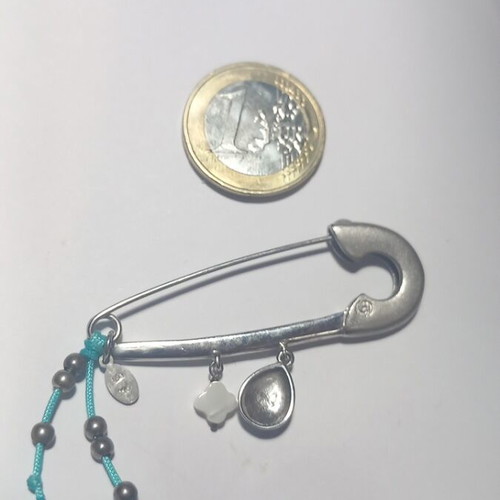 Gregio silver safety pin with turquoise enamel and mother of pearl charm new