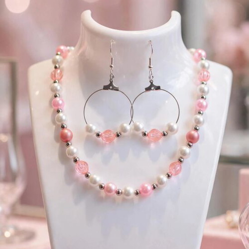 Handmade pink and white jewelry set new