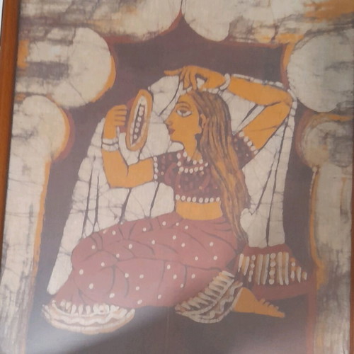 Indian batik used with girl combing hair, bathroom decoration