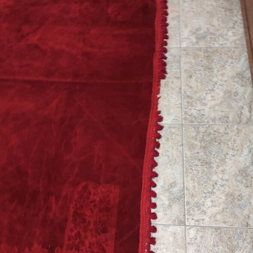Velvet tablecloth used, burgundy with imperfections