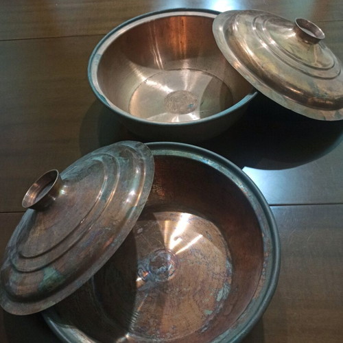 Copper Cooking Pots used, set of two, 30 and 32 cm