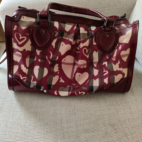 Burberry Heart Boston Bag like new, burgundy canvas and patent leather