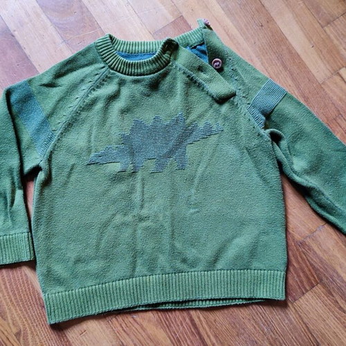 Knitted baby sweater khaki 9-12 months with dinosaur used mothercare