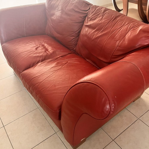 Italsofa leather armchair and 2-seater sofa, burgundy red