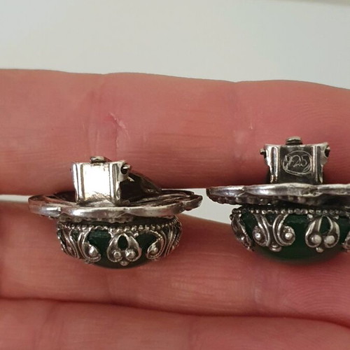 Vintage clip earrings silver used with green onyx