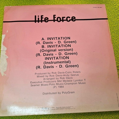 Life Force Invitation 12' vinyl record used, electronic
