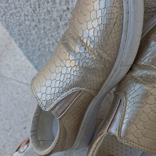 Slip-on shoes used, women's gold snakeskin embossed leather, size 38