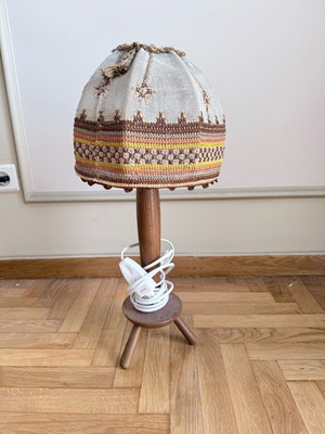 Vintage table lamp with embroidered shade and wooden tripod base like new