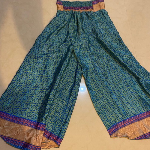 Boho blue satin Koufonisia palazzo pants new, elastic waist