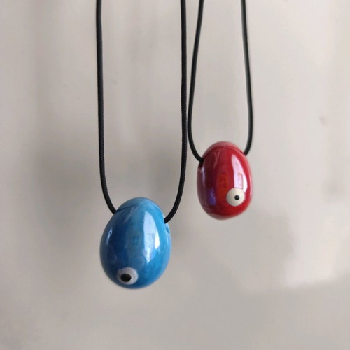 Necklace with ceramic pebbles new, blue and red