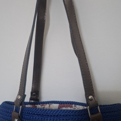 Handmade blue knitted shoulder bag new with leather-look straps