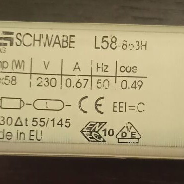 Electromagnetic transformer 1X58W new for fluorescent lamps