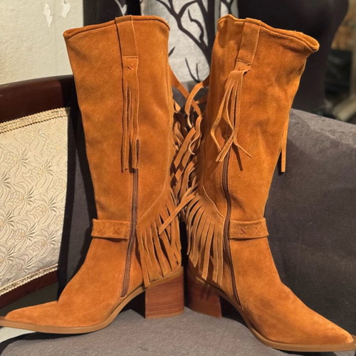 Leather cowboy boots new, fringe, 7cm heel, size 39