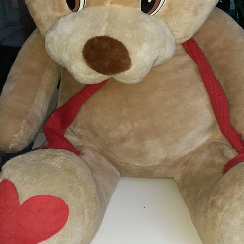 XXL teddy bear used with red bow and hearts