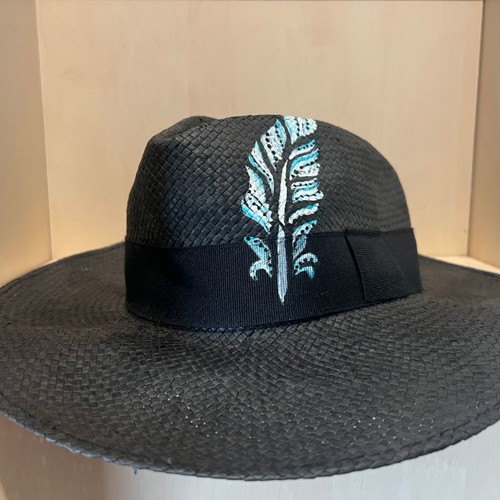 Men's black straw hat with handmade painted design like new