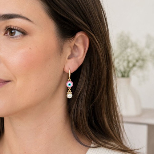 Handmade Evil Eye Earrings with Pink Enamel and Pearls, new