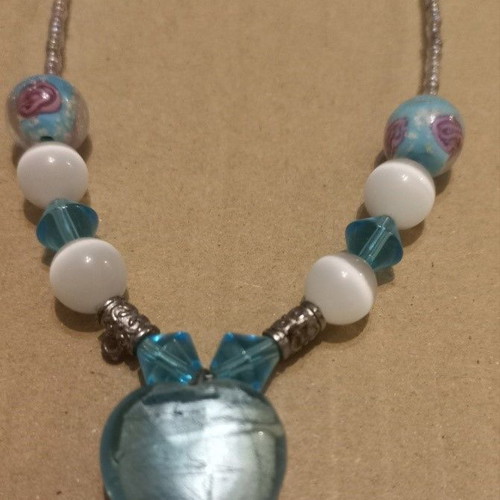 Handmade glass Y-necklace with blue heart and Murano beads, like new