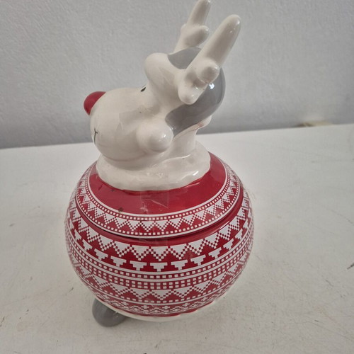 Christmas Ceramic Cookie Jar with Smiling Reindeer Lid new