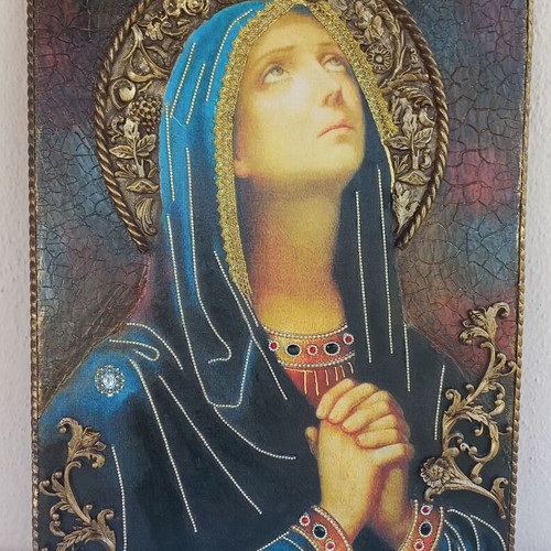 Icon of Virgin Mary on wood 60×40 with decoupage techniques