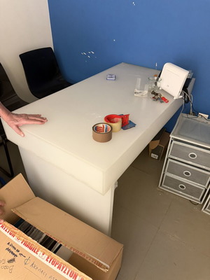 Plexiglass desk with 2 chairs used, white translucent acrylic