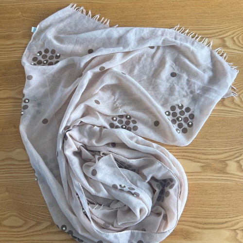 Large women's viscose scarf with pearls, beige and brown