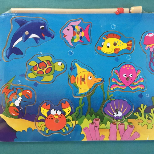 Two baby wooden puzzles new, magnetic fishing and jungle animals