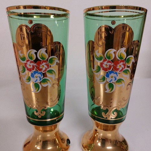 Bohemian crystal vases used, antique, 2 pcs, 17 cm, hand-painted with 24k gold