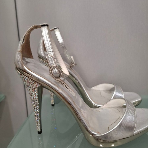 Silver sandals with multicolor rhinestones on heel new, size 38