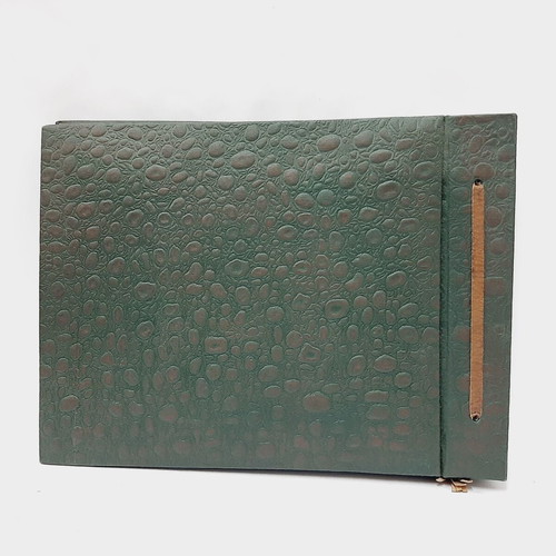 Vintage photo album 60s green embossed cloth with leather tie, 25 leaves