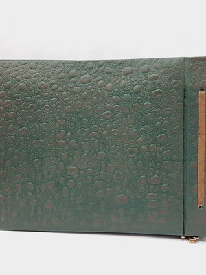 Vintage photo album 60s green embossed cloth with leather tie, 25 leaves