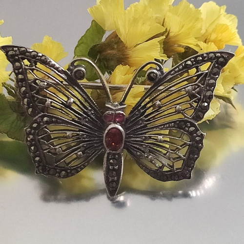 Vintage Atelier silver butterfly brooch used with red stones and marcasites