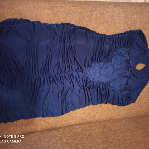 Evening dress used, blue with lace and ruching