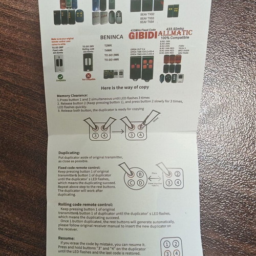 Universal Programmable Remote Controls 433MHz Set of 5 for Garage Doors