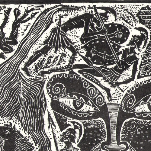 Handmade linocut illustration of Iliad Death of Hector new