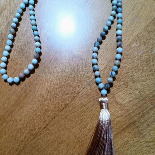 Handmade mala with 108 semi-precious beads, turquoise and gray