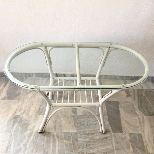 Bamboo outdoor furniture set used, white, 1 table, 1 loveseat, 2 chairs