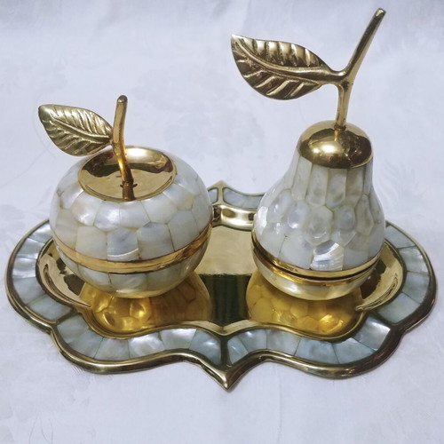 Brass and mother of pearl inlaid tray with used jewelry boxes from India 60s