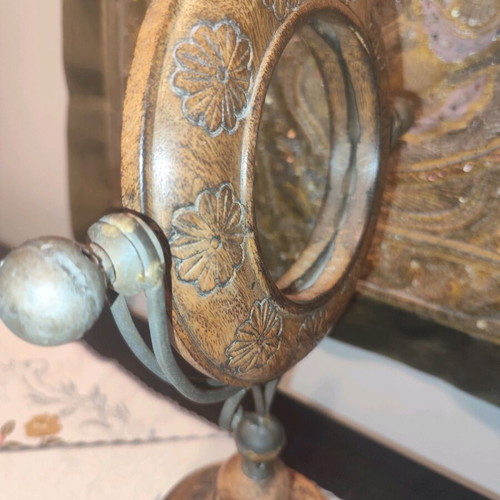 Wooden carved rotating tabletop mirror used vintage