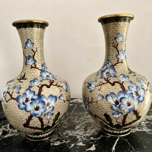 Pair of large Cloisonné vases 34 cm new with wooden bases