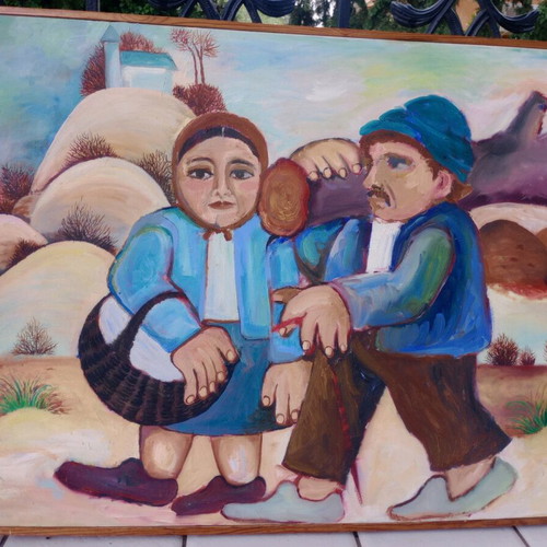 Watercolor on canvas with frame like new, folk art theme 83x63
