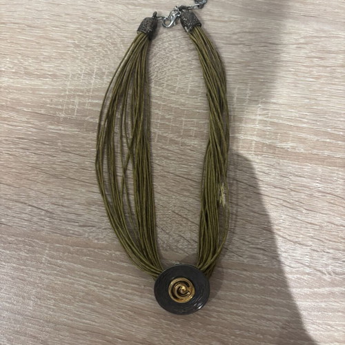 Handmade olive multi-strand necklace with metal decorative element